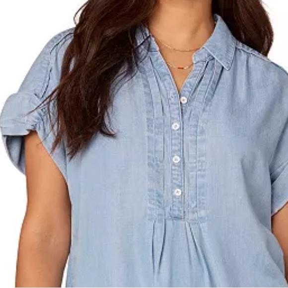 Democracy Blue Lyocell Ruched Sleeve Blouse Top - Picture 2 of 5